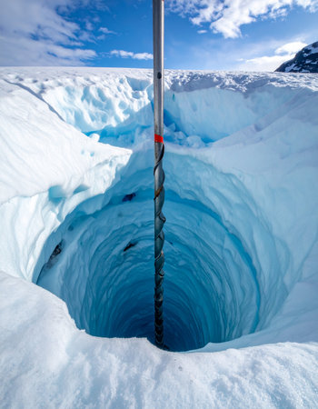 A specialized auger penetrates deep into the ancient, compressed ice of a glacier.の素材