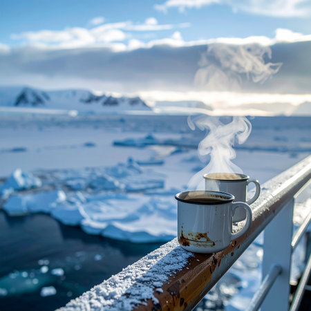 Two steaming mugs of coffee provide a moment of warmth and comfort on the deck of an expedition ship.の素材
