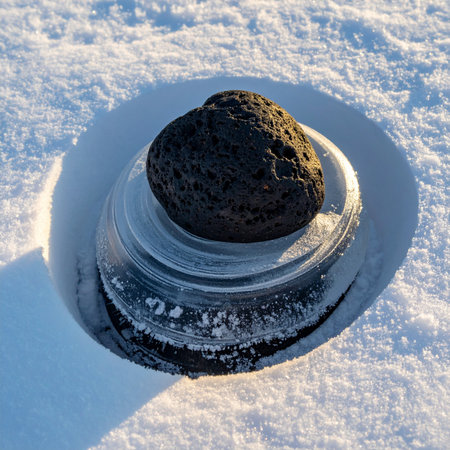 A dark, porous volcanic rock, a remnant of fiery geological forces, rests in stark contrast upon a delicate, frozen pedestal of ice rings.の素材