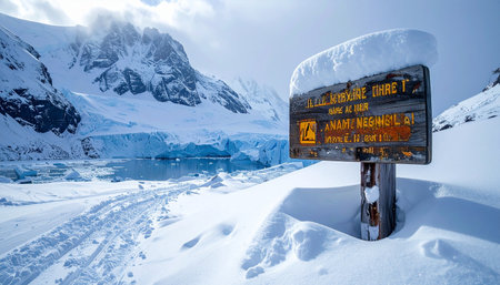 In the vast, silent expanse of Antarctica, a snow-covered sign stands as a lone sentinel against the elements.の素材