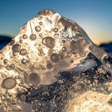 Golden light from a low sun illuminates the intricate interior of a piece of natural ice.の素材