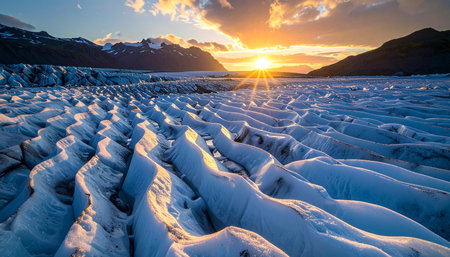 The last rays of a golden sunset illuminate the sky over a vast, frozen glacier.の素材