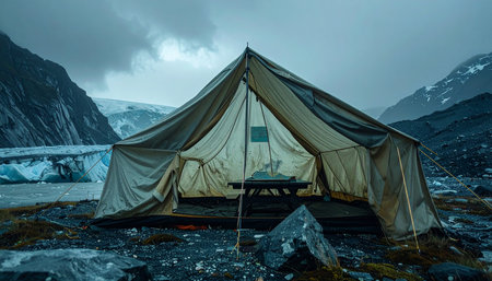 A sturdy expedition tent stands as a lone shelter against the vast, raw power of a glacial mountain landscape.の素材