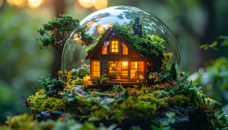 A tiny, self-contained world exists within a glass dome, where a cozy wooden cabin glows with warm light.の素材