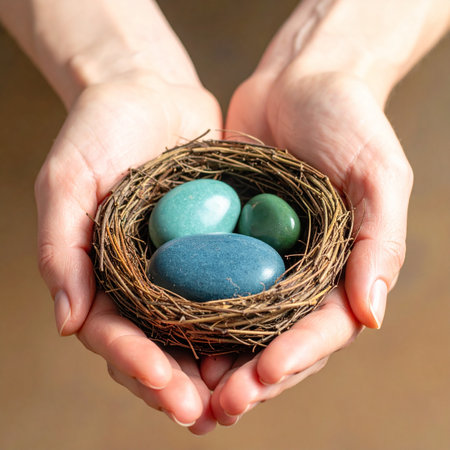A pair of gentle hands carefully cradles a small nest, which holds not fragile eggs, but smooth, precious stones.の素材