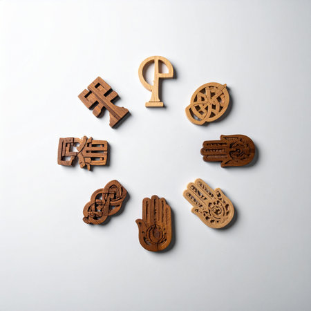 A collection of hand-carved wooden symbols from various world religions and spiritual traditions are arranged in a circle, representing unity, diversity, and shared humanity.の素材