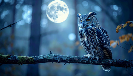 In the heart of an enchanted forest, a wise owl perches silently on a mossy branch.の素材