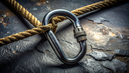 A close-up of a sturdy metal carabiner with a locked gate, providing a critical connection for a climber's rope against a dark, textured rock surface.の素材