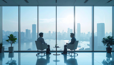 Two silhouetted executives sit in a modern skyscraper office, engaged in a crucial discussion.の素材