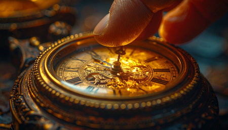 In a soft, golden glow, a finger gently touches the glass of an ornate antique pocket watch, as if to pause a precious moment or turn back the hands of time.の素材