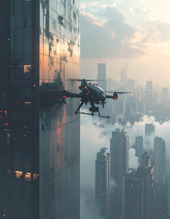 As the sun sets over a sprawling, smog-filled megalopolis, an autonomous surveillance drone hovers silently beside a colossal skyscraper.の素材