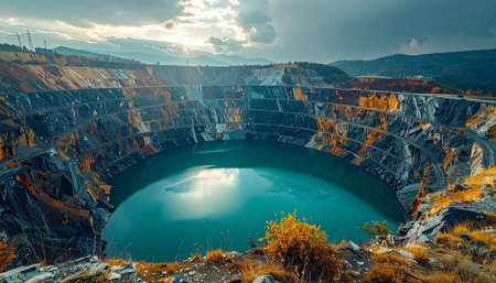 A breathtaking view of a vast, terraced open-pit mine transformed by time. A stunning turquoise lake now fills the massive crater, its calm surface reflecting the dramatic, cloudy sky.の素材