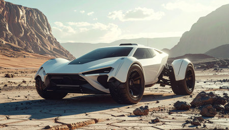 A state-of-the-art concept vehicle carves its path through a rugged and desolate canyon.の素材