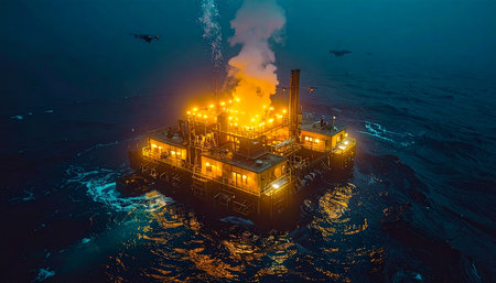 From a high vantage point, an offshore drilling platform is engulfed in a catastrophic inferno against the dark night sea.の素材