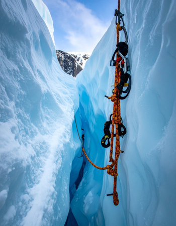 From the depths of a narrow glacial crevasse, specialized ice climbing equipment hangs ready for the ascent.の素材