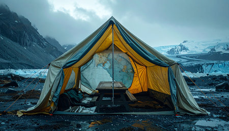 A single tent glows with warm light, offering a beacon of shelter and safety against the stark, cold beauty of a remote glacial wilderness.の素材