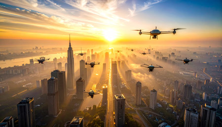 As the sun rises over a sprawling metropolis, a fleet of autonomous delivery drones fills the sky, symbolizing a new era of automated logistics and commerce.の素材