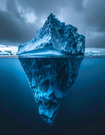 Beneath a stormy sky, the visible peak of a colossal iceberg only hints at its immense, hidden power submerged in the deep blue ocean.の素材