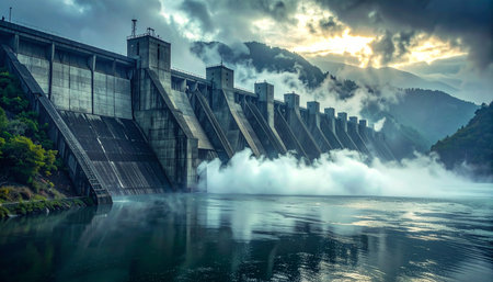 Under a dramatic, cloudy sky, a colossal hydroelectric dam unleashes a torrent of water, its immense power generating clean, sustainable energy.の素材
