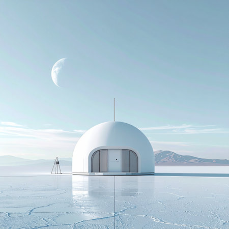 A solitary research dome stands on a vast, frozen landscape under a pale crescent moon.の素材