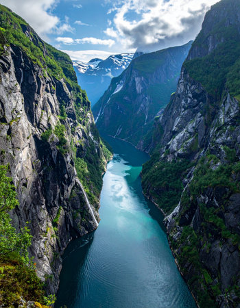 A breathtaking high-angle view looking down a majestic fjord in Norway. Steep, green cliffs plunge into the serene turquoise water, leading towards distant snow-capped mountains under a dramatic sky.の素材
