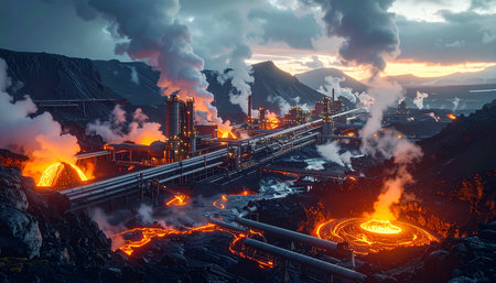 In a dramatic volcanic valley at twilight, a sprawling geothermal plant works tirelessly, harnessing the raw, molten energy from the Earth's core.の素材
