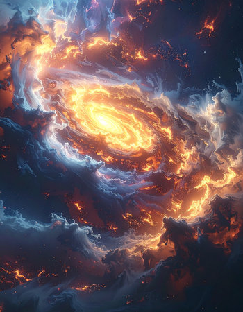 In the heart of the cosmos, a celestial storm rages, forging a new galaxy from swirling clouds of fire and stardust.の素材