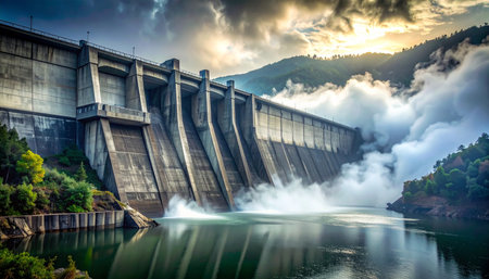 As the sun breaks through dramatic clouds, a colossal hydroelectric dam unleashes a powerful torrent of water, showcasing the immense force of controlled nature.の素材