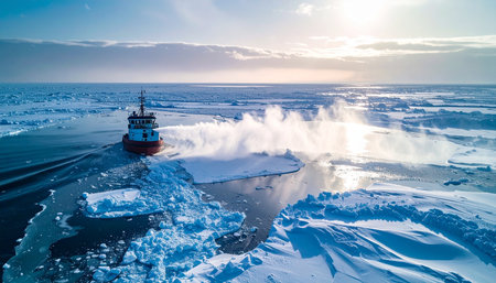 An aerial view captures the immense power of an icebreaker as it forges a path through the frozen expanse of the Arctic Ocean.の素材