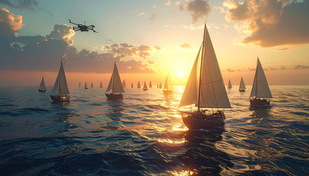 A fleet of sailboats glides across the tranquil ocean, their sails catching the last golden rays of a breathtaking sunset.の素材