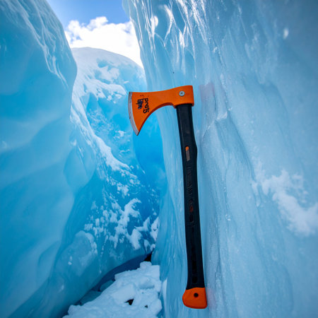 An orange ice axe stands ready against the stunning, deep blue wall of a glacial crevasse.の素材