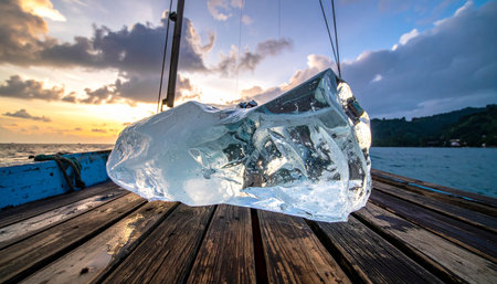A perfectly clear block of ancient glacial ice is suspended in the warm air, catching the last golden rays of a dramatic sunset.の素材