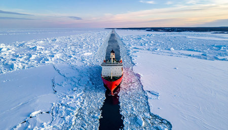 An aerial perspective captures the immense power of an icebreaker ship as it carves a precise channel through the vast, frozen expanse of the Arctic sea.の素材