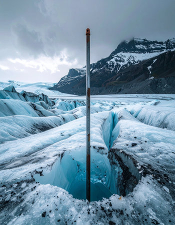 A scientific probe descends into the mesmerizing blue depths of a glacial moulin, collecting crucial data on ice melt and climate change.の素材