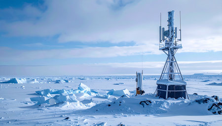 A lone communication tower stands as a beacon of connectivity amidst the vast, frozen expanse of the Arctic.の素材