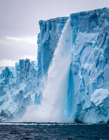 A powerful cascade of glacial meltwater thunders from a towering ice shelf into the frigid ocean below.の素材
