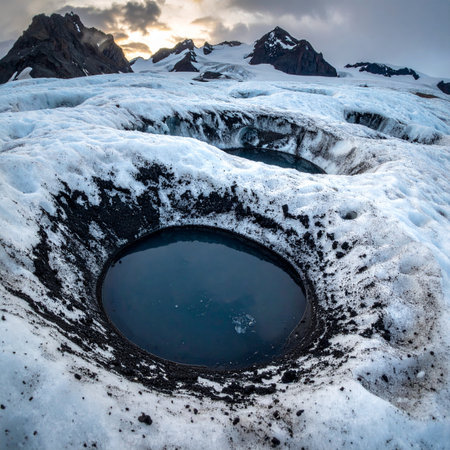 A deep, dark pool of meltwater, known as a moulin, forms a mysterious eye on the surface of a vast glacier.の素材