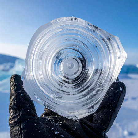 A gloved hand holds up a perfectly formed, circular piece of ice against a vast, frozen landscape.の素材