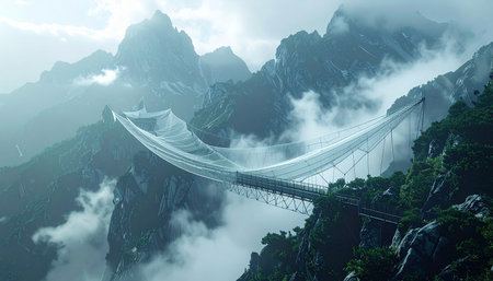 Suspended high above a deep valley, a spectacular glass bridge disappears into the ethereal fog of a mountain range.の素材