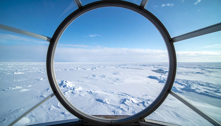 Gazing through a circular porthole, a vast and frozen expanse of the polar region unfolds.の素材