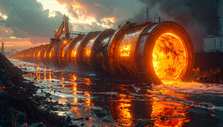 In a vast industrial landscape under a dramatic sunset, a colossal furnace glows with immense heat.の素材