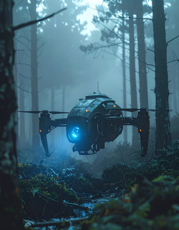 A futuristic surveillance drone with glowing blue lights hovers silently on a clandestine mission deep within a misty, atmospheric forest.の素材