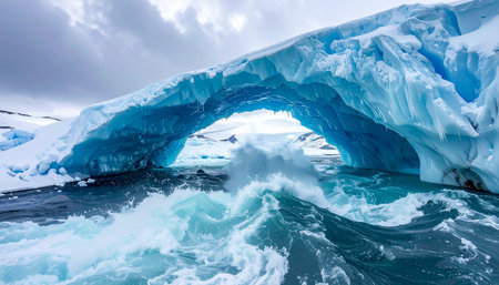 A powerful scene unfolds as turbulent, turquoise waves crash through a magnificent ice arch in the remote polar wilderness.の素材