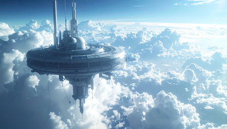 A breathtaking view of a massive, futuristic metropolis floating serenely above a sea of clouds.の素材