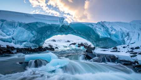 A powerful glacial river, captured with a long exposure, rushes beneath a majestic natural ice arch.の素材