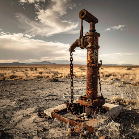 A lone, rusted water pump stands as a silent monument in a vast, arid desert.の素材