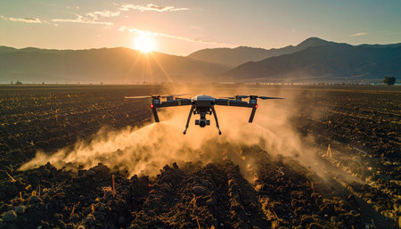 A powerful drone kicks up a cloud of dust as it takes off into the golden light of sunset.の素材