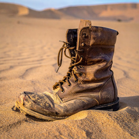 A single, weathered combat boot rests half-buried in the warm desert sand, a silent testament to a long and arduous journey.の素材