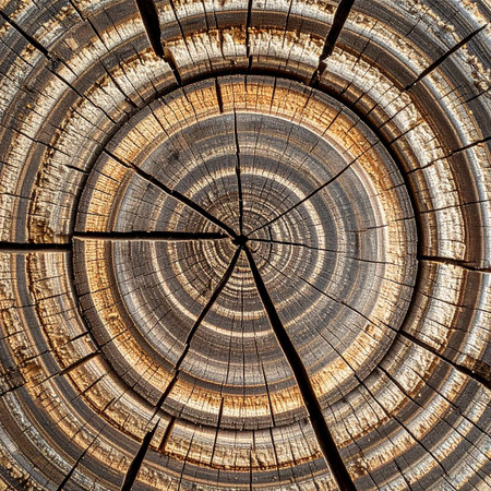 A detailed top-down view of a weathered tree stump reveals a story written in wood. Each concentric ring marks a year of growth, while deep cracks narrate a history of seasons and endurance.の素材