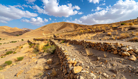 An ancient stone wall snakes through a rugged, sun-drenched mountain landscape, a testament to past civilizations in this arid and expansive terrain.の素材